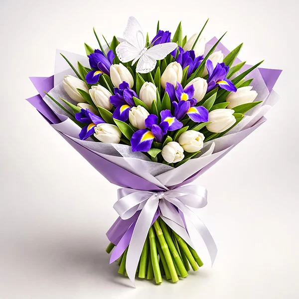 Леди Босс - букет из белых тюльпанов и ирисов