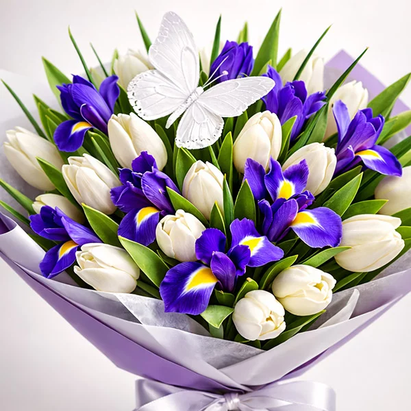 Леди Босс - букет из белых тюльпанов и ирисов