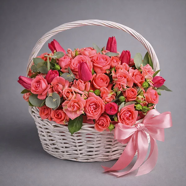 Заветная мечта - корзина с кустовыми розами и тюльпанами
